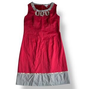 Richard Malcolm Red Cotton Dress Size 8 Embellished Floral Stripe Hem Mod Preppy